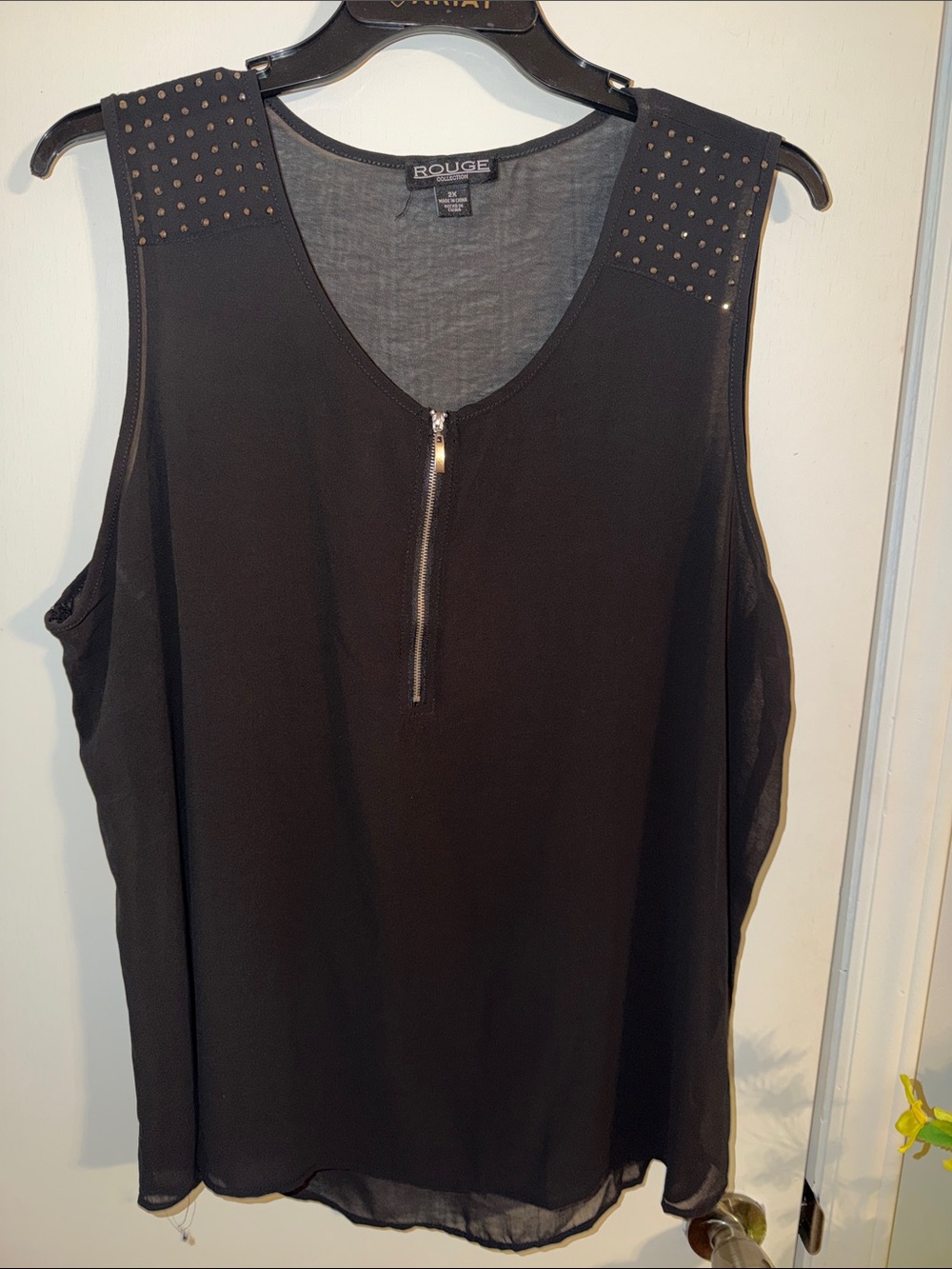 Rouge Helium Black Sleeveless Zip-Front Stud-Shoulder Camisole